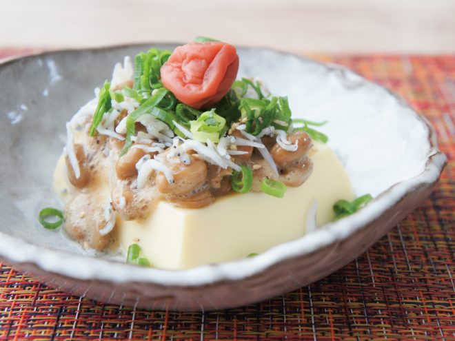 梅じゃこネギごま納豆たまご豆腐
