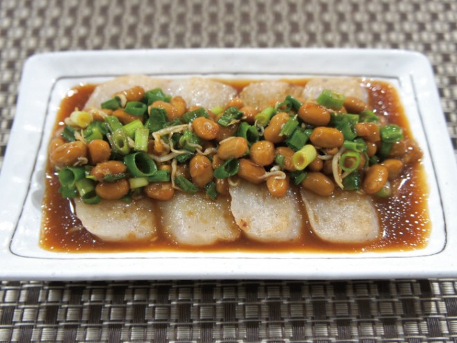 納豆しらすネギ添えこんにゃくソテー