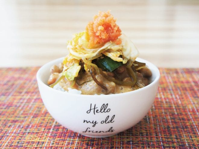 キャベツときゅうりのキムチ明太納豆ご飯