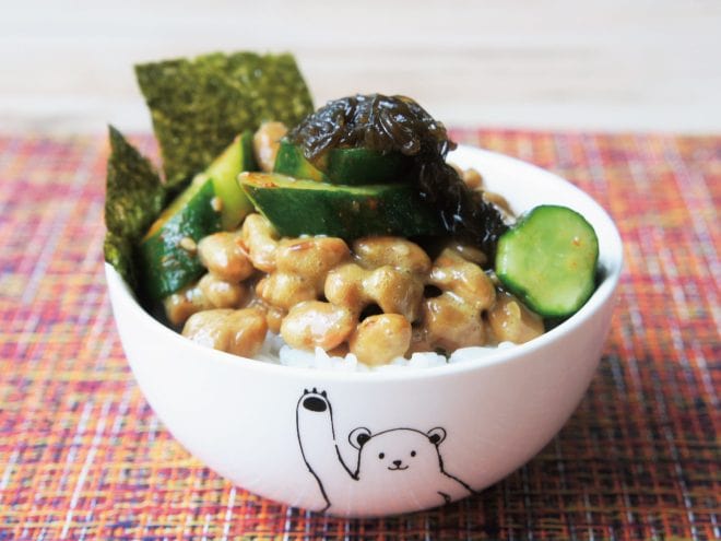 めかぶとキムチきゅうり漬け納豆ご飯