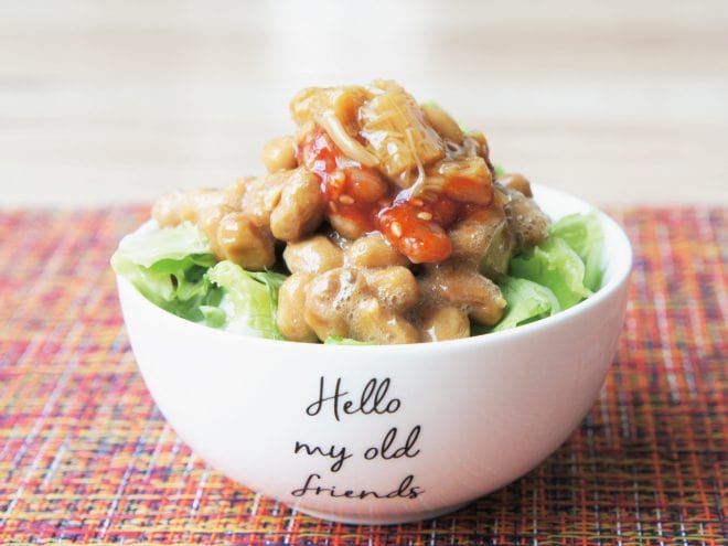 サラダとタコキムチなめ茸納豆ご飯