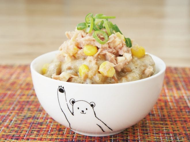 シーチキンとコーンチーズ納豆ご飯