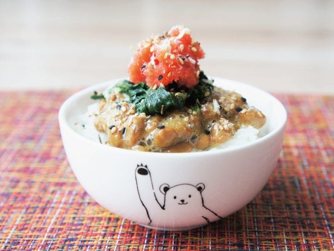 小松菜バターの納豆明太子ご飯