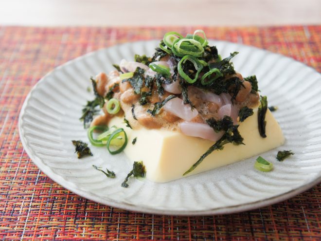 柚子イカの塩辛ネギのり納豆たまご豆腐