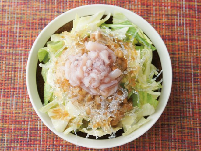 柚子イカの塩辛納豆オニオン海藻サラダ