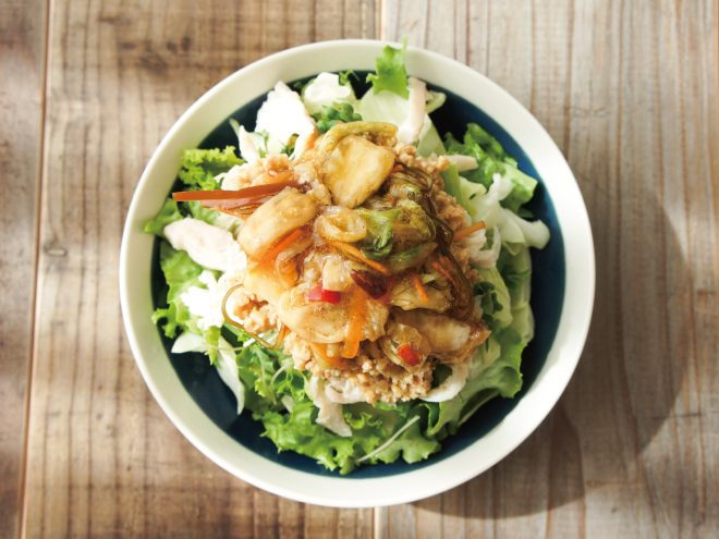 松前漬けひきわり納豆蒸し鶏サラダ