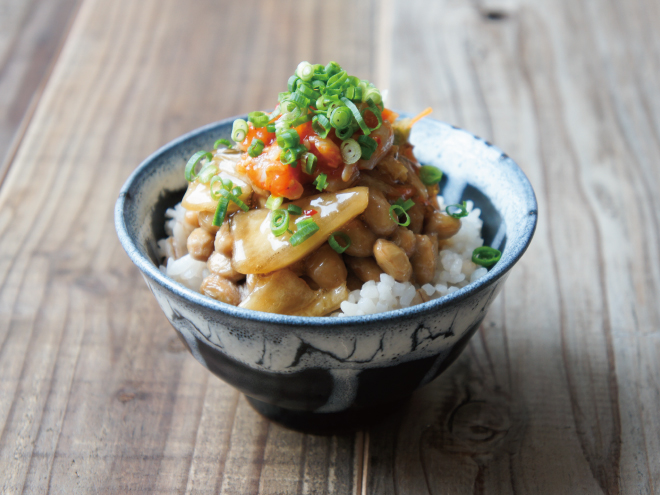 つぶ貝チャンジャ松前漬け納豆麦ごはん