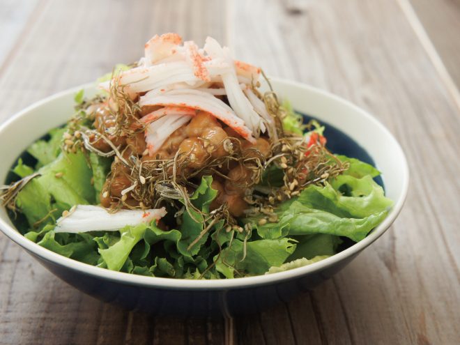 かにかま昆布ちりめんポン酢納豆サラダ