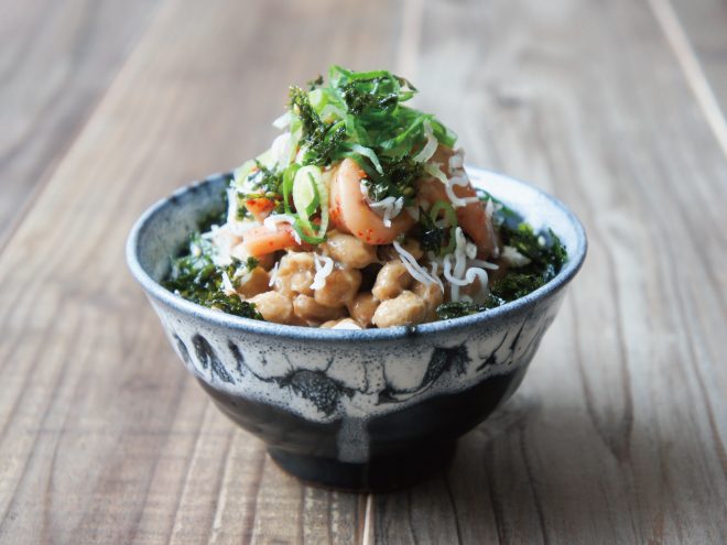 ねぎじゃこ一味イカ焼き納豆麦ごはん