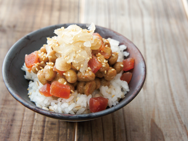 らっきょう生ハム納豆麦ごはん