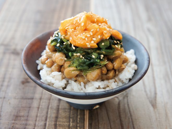 野沢菜昆布納豆ウニイカ麦ごはん