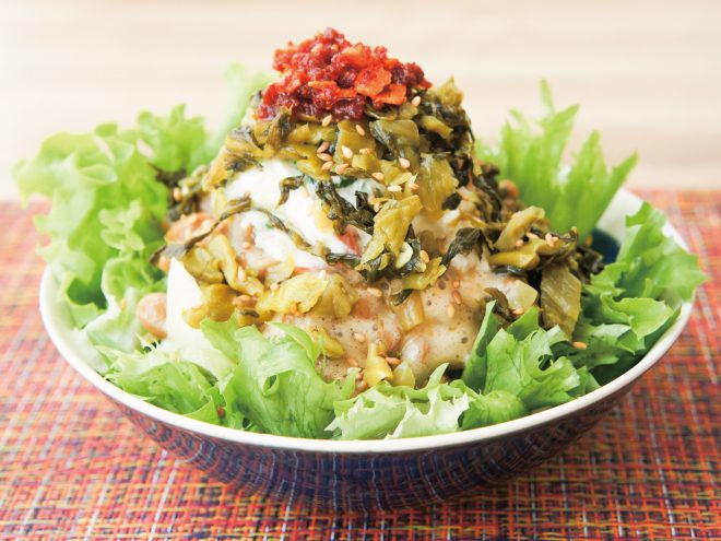 ラー油高菜ポテサラ納豆サラダ