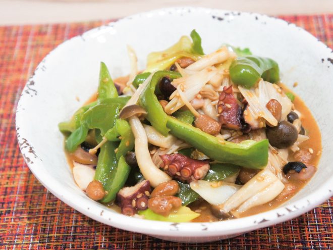 たこと野菜と納豆酢醤油炒め