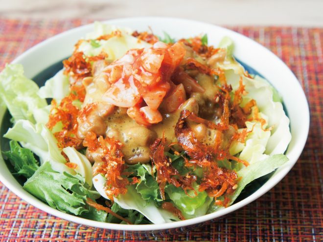 簡単納豆レシピ｜かつおちりめん納豆つぶ貝チャンジャサラダ