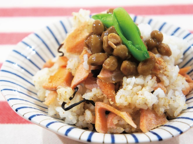 鮭と昆布の混ぜ納豆ご飯