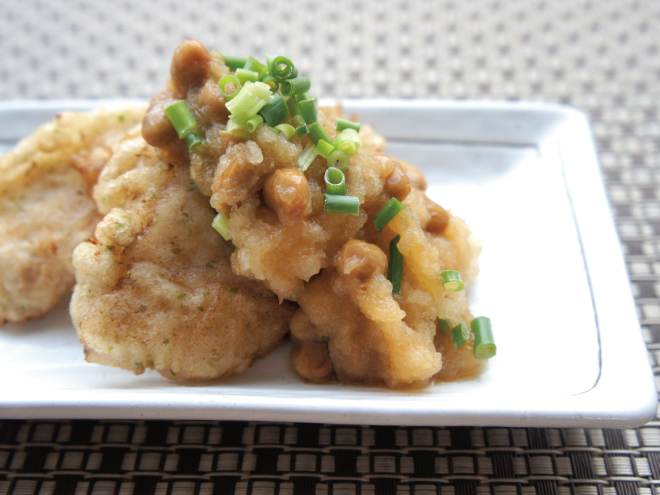 白身魚の青海苔天ぷら、納豆大根ソース添え