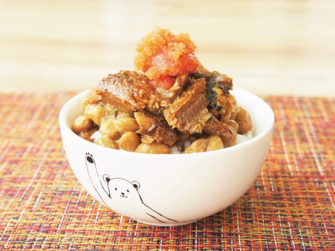 さんまの蒲焼と明太子納豆ご飯