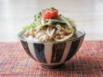 めんたい野菜炒めあおさ胡麻納豆麦ご飯