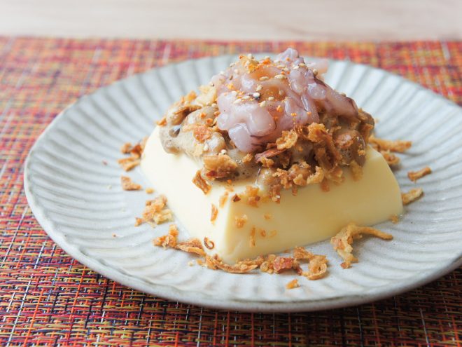 柚子イカの塩辛と島みかんスパイス納豆フライドオニオンたまご豆腐