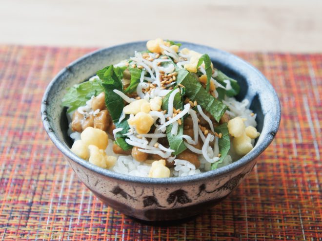 えび天かすジャコ紫蘇ごま納豆麦ご飯