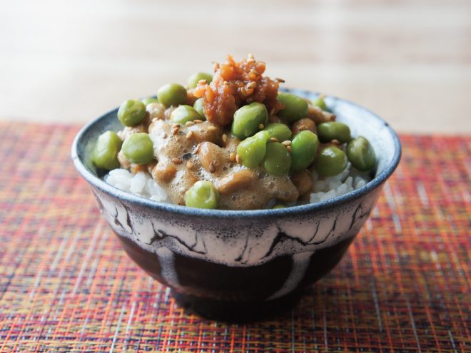 もろみ塩えんどう胡麻納豆麦ごはん