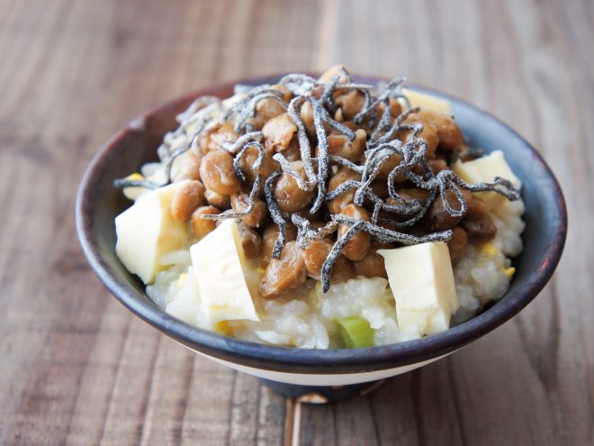 塩昆布アーモンドチーズ納豆おかゆ