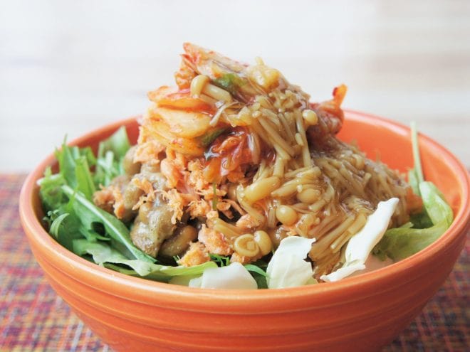 納豆なめ茸キムチ鮭サラダ