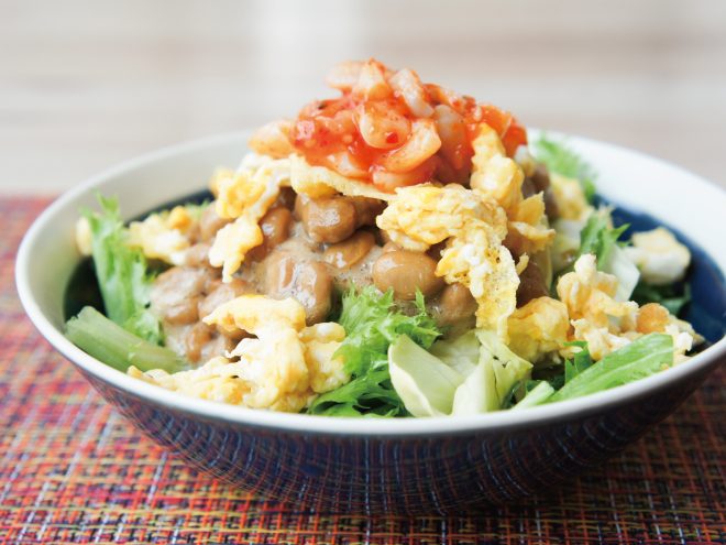 簡単納豆レシピ｜卵炒めと納豆つぶ貝チャンジャサラダ