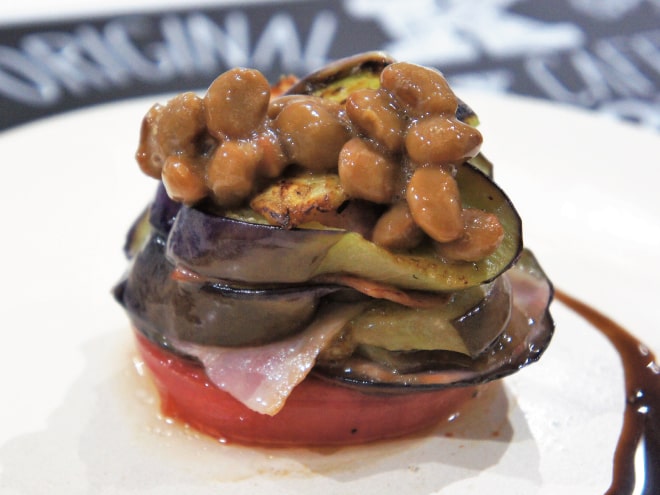 茄子とベーコンの納豆ミルフィーユ