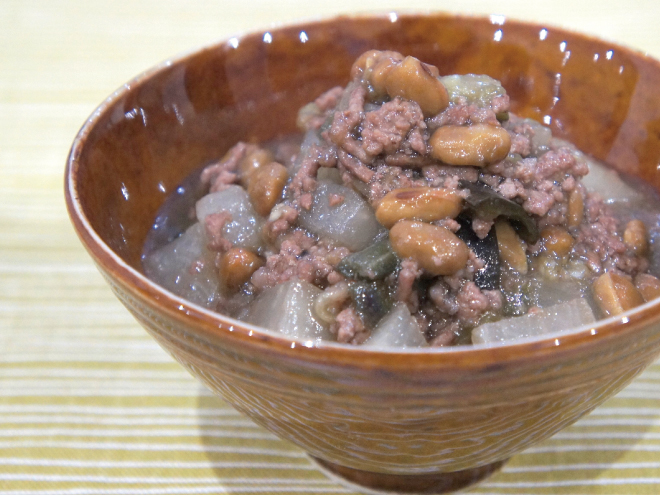 大根と茄子の納豆挽肉あんかけ