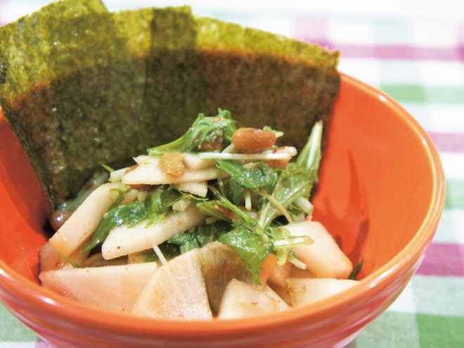 赤かぶと水菜の柚子胡椒納豆和え