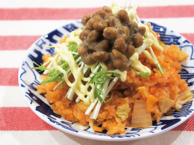 水菜と納豆のケチャップライス